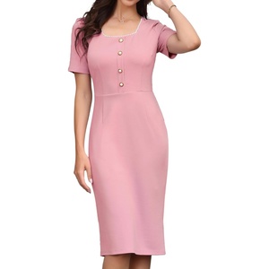 image:imageAllegra K Elegant Dresses for Womens Short Sleeve Square Neck Button Business Work Sheath DressPink