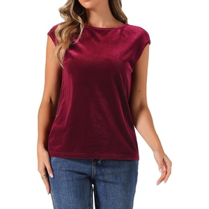 image:imageAllegra K Velvet Blouse Tops for Womens 2025 Dressy Christmas Party Crew Neck Cap Sleeve TopBurgundy
