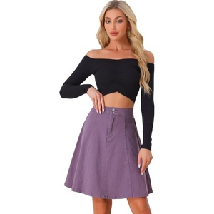 image:imageAllegra K Womens Denim Skirt High Waist Stretch A Line Casual Jean Skirts  Elastic Back High Rise Above Knee Length Flared Pleated Y2k Style Casual Work Daily WearGrey Purple