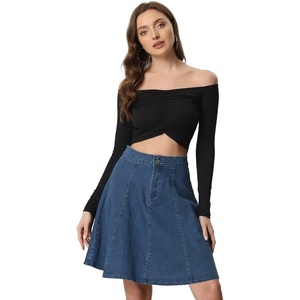 image:imageAllegra K Womens Denim Skirt High Waist Stretch A Line Casual Jean Skirts  Elastic Back High Rise Above Knee Length Flared Pleated Y2k Style Casual Work Daily WearDark Blue
