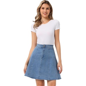 image:imageAllegra K Womens Denim Skirt High Waist Stretch A Line Casual Jean Skirts  Elastic Back High Rise Above Knee Length Flared Pleated Y2k Style Casual Work Daily WearBlue