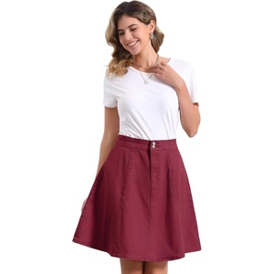 image:imageAllegra K Womens Denim Skirt High Waist Stretch A Line Casual Jean Skirts  Elastic Back High Rise Above Knee Length Flared Pleated Y2k Style Casual Work Daily WearDark Red