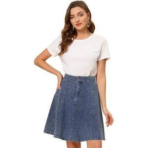image:imageAllegra K Womens Denim Skirt High Waist Stretch A Line Casual Jean Skirts  Elastic Back High Rise Above Knee Length Flared Pleated Y2k Style Casual Work Daily WearLight Blue