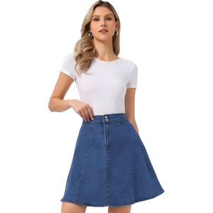 image:imageAllegra K Womens Denim Skirt High Waist Stretch A Line Casual Jean Skirts  Elastic Back High Rise Above Knee Length Flared Pleated Y2k Style Casual Work Daily WearDenim Blue