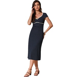 image:imageAllegra K Womens Vintage Retro Polka Dot V Neck Cap Sleeve Midi Dress  Unlined design with contrast trim Flattering highwaisted tailored waist Ideal for office date partyDark Blue