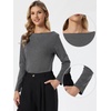 image:imageAllegra K Boat Neck Top for Womens Casual Long Sleeves Cozy Fitted Blouse  Casual Style Long Sleeves Blouse Boat Neck Knit Fabric Cozy Fitted Slim Fit Basic Tee Fall OutfitsGrey Black