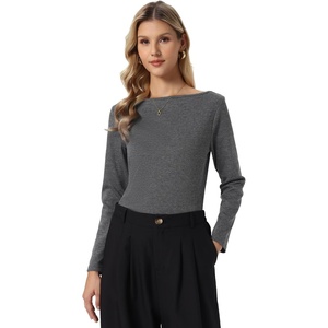 image:imageAllegra K Boat Neck Top for Womens Casual Long Sleeves Cozy Fitted Blouse  Casual Style Long Sleeves Blouse Boat Neck Knit Fabric Cozy Fitted Slim Fit Basic Tee Fall OutfitsGrey Black
