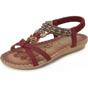 image:imageAllegra K Women Bohemian Rhinestone Knot Flat Ankle Elastic Sandals  TPR outsole Open toe butterfly decor Casual walking lounging Comfortable flat ankle elastic designRed