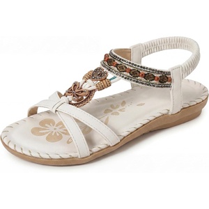 image:imageAllegra K Women Bohemian Rhinestone Knot Flat Ankle Elastic Sandals  TPR outsole Open toe butterfly decor Casual walking lounging Comfortable flat ankle elastic designWhite