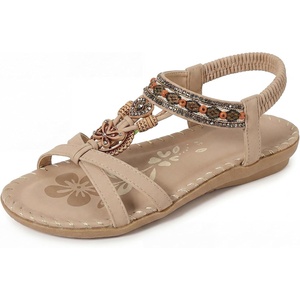 image:imageAllegra K Women Bohemian Rhinestone Knot Flat Ankle Elastic Sandals  TPR outsole Open toe butterfly decor Casual walking lounging Comfortable flat ankle elastic designKhaki2