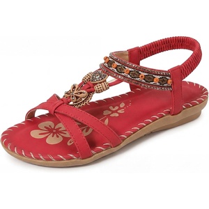 image:imageAllegra K Women Bohemian Rhinestone Knot Flat Ankle Elastic Sandals  TPR outsole Open toe butterfly decor Casual walking lounging Comfortable flat ankle elastic designBurgundy