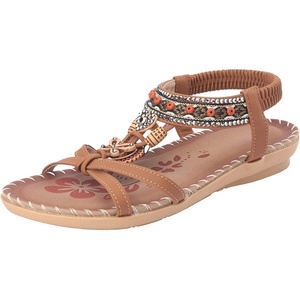 image:imageAllegra K Women Bohemian Rhinestone Knot Flat Ankle Elastic Sandals  TPR outsole Open toe butterfly decor Casual walking lounging Comfortable flat ankle elastic designBrown