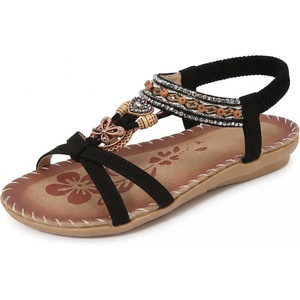 image:imageAllegra K Women Bohemian Rhinestone Knot Flat Ankle Elastic Sandals  TPR outsole Open toe butterfly decor Casual walking lounging Comfortable flat ankle elastic designLight Black