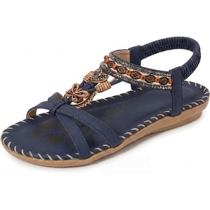 image:imageAllegra K Women Bohemian Rhinestone Knot Flat Ankle Elastic Sandals  TPR outsole Open toe butterfly decor Casual walking lounging Comfortable flat ankle elastic designNavy Blue