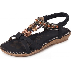 image:imageAllegra K Women Bohemian Rhinestone Knot Flat Ankle Elastic Sandals  TPR outsole Open toe butterfly decor Casual walking lounging Comfortable flat ankle elastic designBlack2