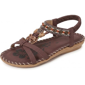 image:imageAllegra K Women Bohemian Rhinestone Knot Flat Ankle Elastic Sandals  TPR outsole Open toe butterfly decor Casual walking lounging Comfortable flat ankle elastic designCoffee
