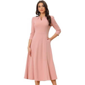 image:imageAllegra K Womens 34 Sleeve ALine Business Work Formal Midi Dress  Elegant Dresses with Pockets V Neck Cockatail Party Church Funeral Outfits Spring Fall WinterPink