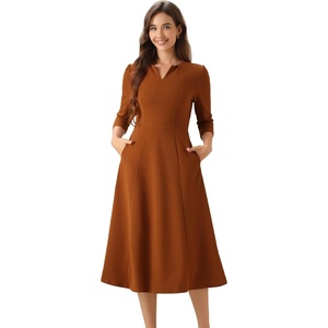 image:imageAllegra K Womens 34 Sleeve ALine Business Work Formal Midi Dress  Elegant Dresses with Pockets V Neck Cockatail Party Church Funeral Outfits Spring Fall WinterCaramel