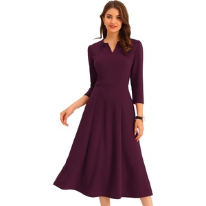 image:imageAllegra K Womens 34 Sleeve ALine Business Work Formal Midi Dress  Elegant Dresses with Pockets V Neck Cockatail Party Church Funeral Outfits Spring Fall WinterDeep Purple