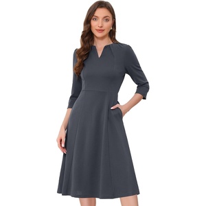 image:imageAllegra K Womens 34 Sleeve ALine Business Work Formal Midi Dress  Elegant Dresses with Pockets V Neck Cockatail Party Church Funeral Outfits Spring Fall WinterDark Grey
