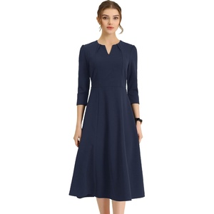 image:imageAllegra K Womens 34 Sleeve ALine Business Work Formal Midi Dress  Elegant Dresses with Pockets V Neck Cockatail Party Church Funeral Outfits Spring Fall WinterNavy Blue