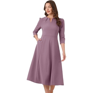 image:imageAllegra K Womens 34 Sleeve ALine Business Work Formal Midi Dress  Elegant Dresses with Pockets V Neck Cockatail Party Church Funeral Outfits Spring Fall WinterPurple Grey