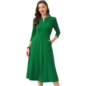 image:imageAllegra K Womens 34 Sleeve ALine Business Work Formal Midi Dress  Elegant Dresses with Pockets V Neck Cockatail Party Church Funeral Outfits Spring Fall WinterGreen