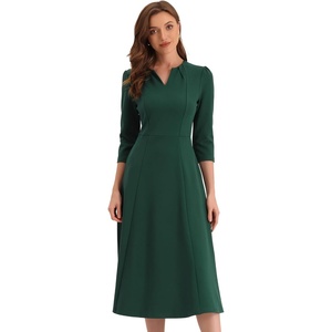 image:imageAllegra K Womens 34 Sleeve ALine Business Work Formal Midi Dress  Elegant Dresses with Pockets V Neck Cockatail Party Church Funeral Outfits Spring Fall WinterDark Green