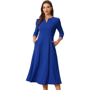 image:imageAllegra K Womens 34 Sleeve ALine Business Work Formal Midi Dress  Elegant Dresses with Pockets V Neck Cockatail Party Church Funeral Outfits Spring Fall WinterRoyal Blue