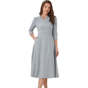 image:imageAllegra K Womens 34 Sleeve ALine Business Work Formal Midi Dress  Elegant Dresses with Pockets V Neck Cockatail Party Church Funeral Outfits Spring Fall WinterGrey