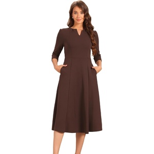 image:imageAllegra K Womens 34 Sleeve ALine Business Work Formal Midi Dress  Elegant Dresses with Pockets V Neck Cockatail Party Church Funeral Outfits Spring Fall WinterDark Brown