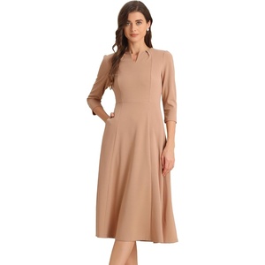 image:imageAllegra K Womens 34 Sleeve ALine Business Work Formal Midi Dress  Elegant Dresses with Pockets V Neck Cockatail Party Church Funeral Outfits Spring Fall WinterDark Khaki
