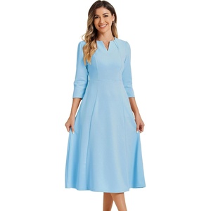 image:imageAllegra K Womens 34 Sleeve ALine Business Work Formal Midi Dress  Elegant Dresses with Pockets V Neck Cockatail Party Church Funeral Outfits Spring Fall WinterLight Blue