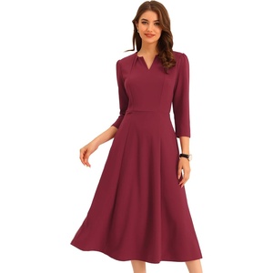 image:imageAllegra K Womens 34 Sleeve ALine Business Work Formal Midi Dress  Elegant Dresses with Pockets V Neck Cockatail Party Church Funeral Outfits Spring Fall WinterBurgundy