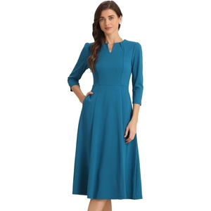 image:imageAllegra K Womens 34 Sleeve ALine Business Work Formal Midi Dress  Elegant Dresses with Pockets V Neck Cockatail Party Church Funeral Outfits Spring Fall WinterPeacock Blue