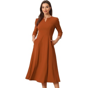 image:imageAllegra K Womens 34 Sleeve ALine Business Work Formal Midi Dress  Elegant Dresses with Pockets V Neck Cockatail Party Church Funeral Outfits Spring Fall WinterBrown
