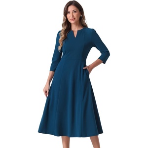 image:imageAllegra K Womens 34 Sleeve ALine Business Work Formal Midi Dress  Elegant Dresses with Pockets V Neck Cockatail Party Church Funeral Outfits Spring Fall WinterDark Blue