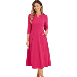 image:imageAllegra K Womens 34 Sleeve ALine Business Work Formal Midi Dress  Elegant Dresses with Pockets V Neck Cockatail Party Church Funeral Outfits Spring Fall WinterHot Pink