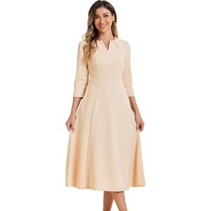image:imageAllegra K Womens 34 Sleeve ALine Business Work Formal Midi Dress  Elegant Dresses with Pockets V Neck Cockatail Party Church Funeral Outfits Spring Fall WinterDeep Apricot