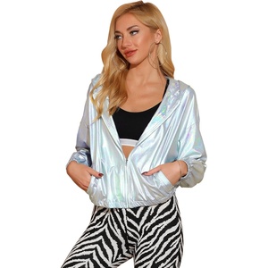 image:imageAllegra K Womens Holographic Party Shimmering Shiny Lightweight Zipper Hooded Metallic JacketHolographic
