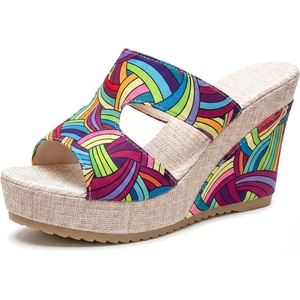 image:imageAllegra K Women Colorful Printed Hollowout Platform PeepToe Sandals  406inch heel height 138inch platform Vibrant print upper Slipon style Hollowout designPurple