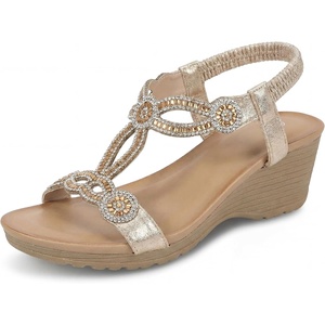image:imageAllegra K Women Glitter Rhinestone Elastic Band Peep Toe Platform Sandals  TPR Outsole Rhinestone accents across front Elegant luxury 217 inch heel 079 inch platformRose Gold