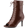 image:imageAllegra K Women Faux Leather Lace Up Peep Toe Stiletto Heel Ankle Boots  Pointed toe silhouette Comfortable toe room Versatile for daily wear ABS outsole constructionBrown
