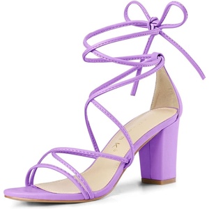 image:imageAllegra K Womens Strappy Lace Up Chunky Heeled Sandals  3 inches Heels Open Toe Faux leather Padded insole for comfort Summer Heel for Women Dress ShoesLavender