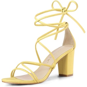 image:imageAllegra K Womens Strappy Lace Up Chunky Heeled Sandals  3 inches Heels Open Toe Faux leather Padded insole for comfort Summer Heel for Women Dress ShoesYellow