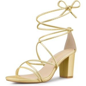 image:imageAllegra K Womens Strappy Lace Up Chunky Heeled Sandals  3 inches Heels Open Toe Faux leather Padded insole for comfort Summer Heel for Women Dress ShoesGold