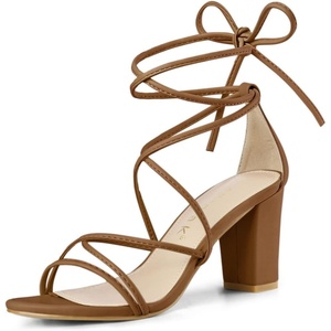 image:imageAllegra K Womens Strappy Lace Up Chunky Heeled Sandals  3 inches Heels Open Toe Faux leather Padded insole for comfort Summer Heel for Women Dress ShoesDark Brown