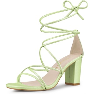 image:imageAllegra K Womens Strappy Lace Up Chunky Heeled Sandals  3 inches Heels Open Toe Faux leather Padded insole for comfort Summer Heel for Women Dress ShoesLime Green