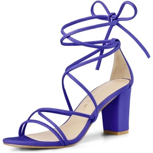 image:imageAllegra K Womens Strappy Lace Up Chunky Heeled Sandals  3 inches Heels Open Toe Faux leather Padded insole for comfort Summer Heel for Women Dress ShoesDark Blue