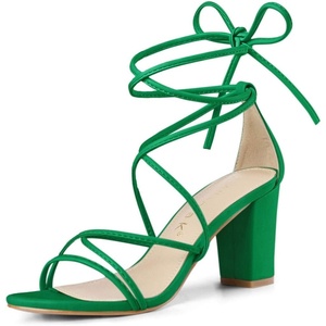 image:imageAllegra K Womens Strappy Lace Up Chunky Heeled Sandals  3 inches Heels Open Toe Faux leather Padded insole for comfort Summer Heel for Women Dress ShoesGreen